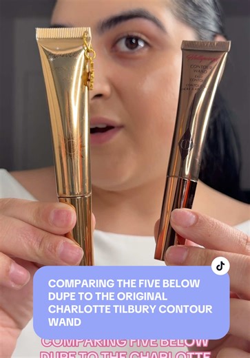 Comparing the @Charlotte Tilbury contour wand @Five Below dupe to the original ⭐️ the colors are not too off and the packaging is similar but the dupes feels a lot more cheaper. This was $5 compared to $45! #contour #charlottetilbury #makeupdupe #contouring #fivebelowfinds