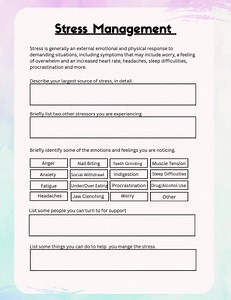 Stress Management Worksheet: Anxiety Relief, Coping Skills (fillable PDF Download) - Etsy