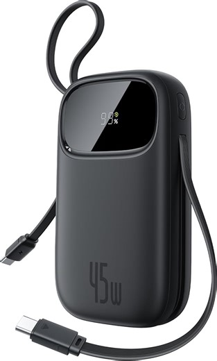 Baseus QPow3 Powerbank 45W 20000mAh mit 2 integriertem USB-C Kabel, Power Bank PD3.0 QC4.0, 3 USB C und 1 USB A, LED Display Schnellladefunktion für iPhone 17/16/15/14 Pro Max, iPad, Galaxy, Schwarz