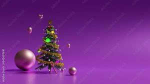 Chrismas tree and ornaments in purple or violet composition for website, Happiness christmas banner and festive New Year, 3d animation