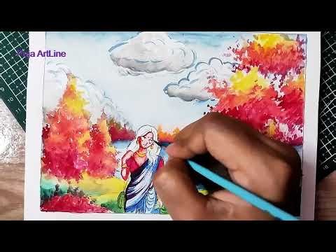 How to Draw Spring Season Scenery | Simple girl Drawing | village scenery