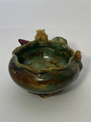 Vintage Majolica Frog Planter Deep Red Pink Lotus Bud, Green & Brown Glaze - Etsy