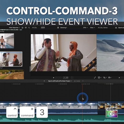 Final Cut Pro Shortcut | Control-Command-3 | Show or Hide Event Viewer