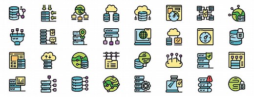 Data center management icons showing cloud computing, server maintenance, and database administration