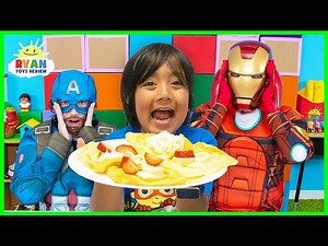 Ryan Pretend Play Cooks Breakfast for Avengers Superheroes - Videos For Kids