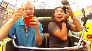 Which is easier? Eating chili or putting on makeup while on a PNE/Playland thrill ride. Sophie Lui and Squire Barnes find out. More info and news about the 2017 PNE: http://globalnews.ca/tag/pne/ | Global BC