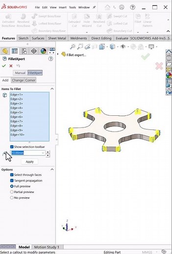 FilletXpert in SolidWorks | Apply All Fillets on Same Edge Instantly | #shorts