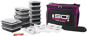 Meal Prep Lunch Box ISOCUBE - Large Insulated 6 Meal Prep Bag/Cooler With 12 Stackable Meal Prep Containers, 3 Ice Pack ISOBRICKS, and 1 Shoulder Strap - MADE IN USA (Fuchsia/Black Accent)