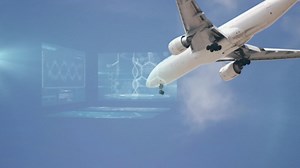 Flying airplane with digital data animation overlaying sky in background | Premium Stock Video Footage