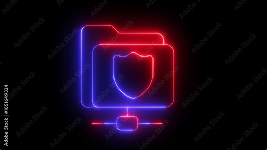 Data file with padlock showing concept animated icon of secure folder, data security vector ,Neon laptop displaying secure document encryption digital data protection technology ,
