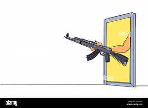 Single one line drawing hand holding AK 47 kalashnikov assault rifle through mobile phone. Concept of battle video games, e-sport, entertainment app f Stock Vector Image & Art - Alamy