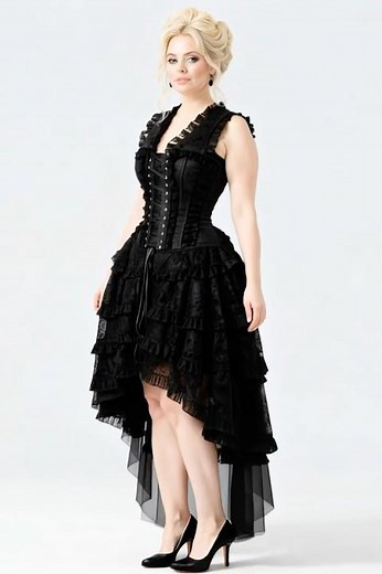 Black Gothic Corset Dress with Lace Ruffle High-Low Skirt | LUXE NOIR #corset #corsetdress #luxenoir