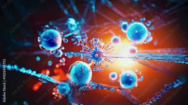 3D illustration of a virus particle with a blue sphere and spikes against an orange background.