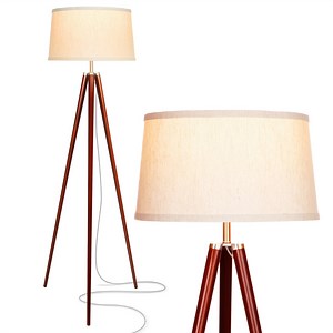 Brightech Emma 61 in. Walnut Brown Mid-Century Modern 1-Light LED Energy Efficient Floor Lamp with Beige Fabric Drum Shade
