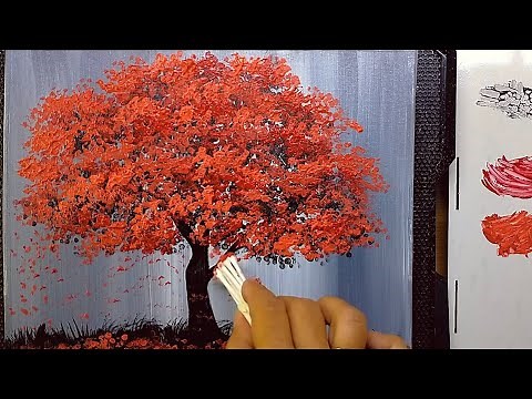 How to Paint Red Tree ❤️ Cotton Swab /Acrylic Painting Landscape on Canvas/ For Beginners