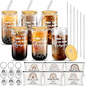 Maxcheck 6 Set Christmas 2025 Employee Appreciation Thank You Gifts Bulk Inspirational 16 oz Can Shaped Glass Cups Canvas Bag Keychain for Nurses Coworkers Staff Volunteers Work(Being Awesome)