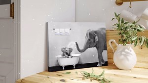 Piy Painting Elephant Bathroom Decor Wall Art, Funny Canvas Prints of Mother and Child Playing Water in Bath Crock, Warm Bathtub Picture with Keep Clean, Keep Happy, Keep Love Words Motivating Kids.