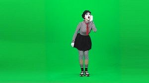 Mime girl calling someone through shout. Chroma key. Full length.