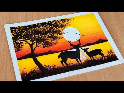 Easy poster Colour drawing and painting। Sunset silhouette with poster colour