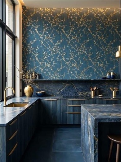 Hanami Midnight blue and gold wallpaper in a high-end kitchen