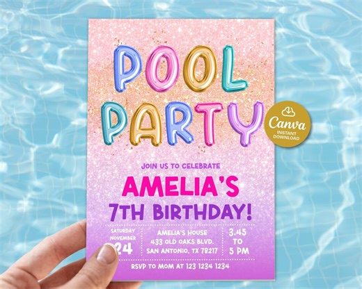 Pool Party Girl Invitations, Summer Birthday Party Invite, Splish Splash Pool Party Birthday Invitation, Swimming Glitter Party Invite - Etsy