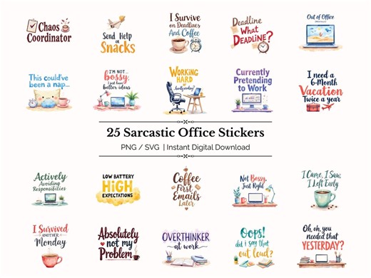25 Office Sarcastic Stickers | Funny Work Quotes Bundle | Office Humor Stickers | PNG & SVG Files | Digital Download - Etsy