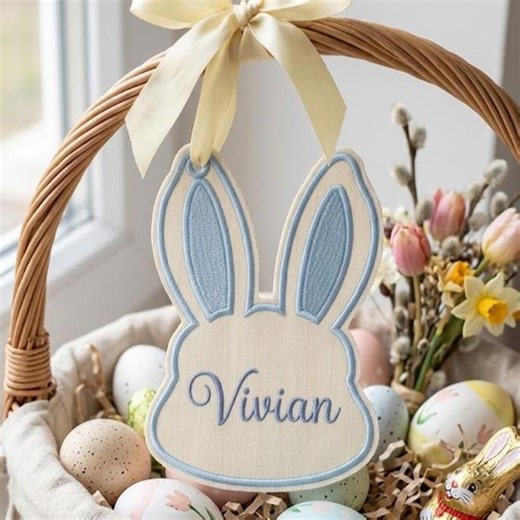 Satin Bunny Tag Machine Embroidery Design | Easter Rabbit Name Tag File | Spring Applique Embroidery - Etsy