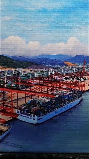 🚢 Stunning Container Ship & Port Painting 🎨 | Hyper Realistic Acrylic Art #art #shorts