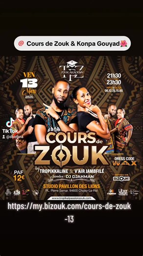 🌺🔥 Vendredi 13 mars — TPZ Zouk Akademy spécial WAX @Cours de Zouk & Konpa Gouyad🌺 ! 🔥🌺 Sors ta tenue wax la plus stylée et viens faire monter la température sur la piste 😎 Avec les coachs @Tropikkaline972 & @V AIR , profite d’un cours de zouk smooth, sensuel et accessible à tous — que tu débutes ou que tu saches déjà zouker, tu vas kiffer, progresser et prendre ton flow 💃🏽🕺🏽 ✨ Pas besoin de partenaire : sur place, tu trouveras toujours quelqu’un pour danser ! 🎧 DJ DJAHMAN en live pour