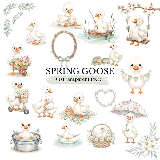 Spring Goose Watercolor Clipart PNG White Gosling Clipart Bundle, Sage Green Cottagecore Baby Shower, Nursery & Birthday Invitation Graphics - Etsy