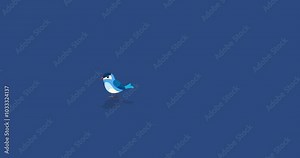 Bird blue character flying landing and singing on navy background. Blinking eyes happy cartoon animation animal giving a concerto during flight. Fairy tales, lullaby, etc...