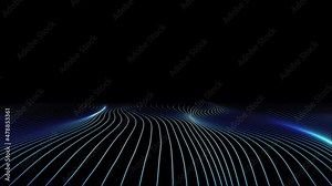 Seamless loop curvy white lines design on black screen with blue glowing details animation background.