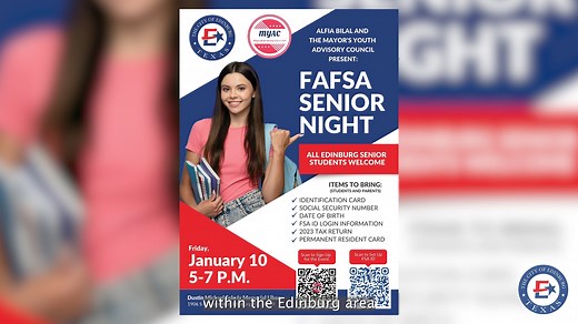 2.4K views | Get Ready for College! Join the City of Edinburg, MYAC, and Alfia Bilal at FAFSA Senior Night this Friday from 5-7 PM at the Dustin Michael Sekula Memorial Library. Our FREE event will guide you through completing your FAFSA and securing funding for your future. Don't miss this opportunity to take the first step toward your college dreams! #EdinburgFAFSA 六‍ | City of Edinburg-Government | Facebook