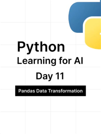 Python Learning for AI — Day 11: Pandas Data Transformation Part 2 🐼🤖 Continue your Python Learning for AI journey with Day 11! In this lesson, you’ll learn how to transform Pandas data and create useful labels and conditions for AI datasets. You’ll learn how to create an AI label, convert a column, replace values, map values, and create multiple conditions using Pandas. 📌 Day 11 — Pandas Data Transformation Part 2: • Create an AI Label • Convert a Column • Replace Values • Map Values • Creat