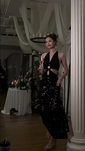 Black Sequin Halter Cutout Maxi Dress for Evening Parties