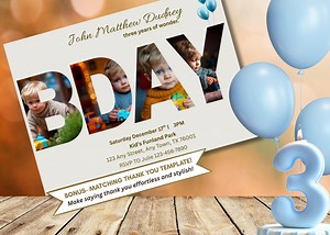 Modern Photo Birthday Invitation for Boys: Canva Template, Thank You Card - Etsy