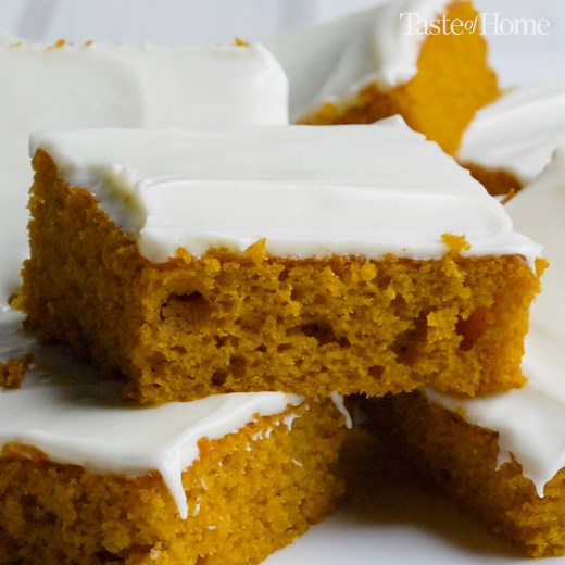 These pumpkin bars with cream cheese frosting are the ULTIMATE fall treat! > Get the recipe for Pumpkin Bars: https://trib.al/65OBFhK | Taste of Home