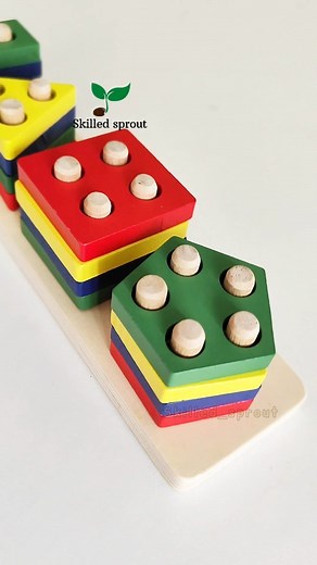 SkilledSprout || Parenting and Homeschooling on Instagram: "🧩 5 column Shape sorter 🧩 Geometric five column shape sorter. 🌱Helps to learn 🎯Shapes 🎯Colours 🎯 Counting 🎯 Stacking 🎯 Formation 🎯 Lacing 🌱Stimulates Hand Eye Co-ordination and fine motor skills. 🌱Improves creativity and analysis ability. High quality wooden toy set for long lasting use #shapesorter #toysforkids #colorsforkids #learnwithplay #geometry"