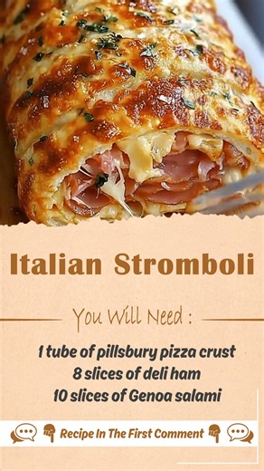 Italian Stromboli 1 tube of pillsbury pizza crust 8 slices of deli ham 10 slices of Genoa salami 12 slices of sandwich pepperoni 8 slices provolone cheese or mozzarella (You could definitely use shredded cheese as well) 2 tablespoons of butter 2 minced garlic gloves 2 teaspoons chopped parsley 3 tablespoons of Parmesan cheese Melt the butter in the microwave and mix in the minced garlic, parsley and Parmesan cheese. Set aside I lined my baking sheet with parchment paper. Stretch the pizza crust 