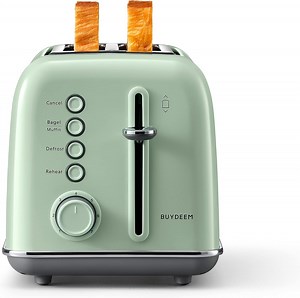 BUYDEEM Retro Stainless Steel 2-Slice Toaster, Wide Slots, High Lift Lever, Bagel & Muffin Function, Removable Crumb Tray, 7 Toasting Levels, Cozy Greenish