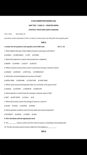 2nd PUC Computer science Lesson Based assessment (7) LBA(7) PRACTICE PAPERS