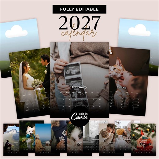 2027 Calendar Template With Photos, Easy to Edit Canva Templates, Personalizable Custom DIY Make Your Family Photo Calendar Christmas Gift - Etsy