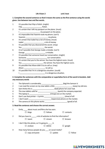 Life vision intermediate unit 3 online exercise for