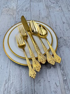 Vintage Gold Plated Flatware Set: Floral Stainless Service for 10 - Etsy
