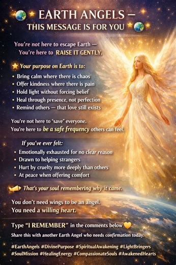 🌍✨ EARTH ANGELS — THIS MESSAGE IS FOR YOU ✨🌍 Have you ever felt different… Like your heart is softer than the world expects? Like you’re here to help, heal, uplift — even when it costs you? That’s not weakness. That’s purpose. Earth Angels are souls who came here to anchor compassion into human life. You’re not meant to escape Earth — You’re meant to raise it gently. 💫 Your purpose on Earth is to: • Bring calm where there is chaos • Offer kindness where there is pain • Hold light without forc