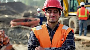 young male construction worker on the background of the site. Professional man working on job, wearing hardhat, safety vest, and workwear, looking confident in industrial occupation.