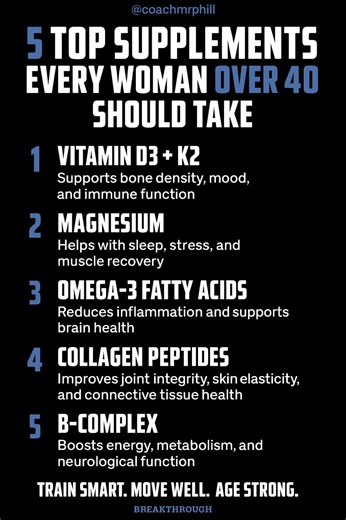 Most women over 40 are doing the work… but still feel tired, stiff, and stuck. A big reason why? Nutrient gaps. This cheat sheet breaks down 5 key supplements every woman over 40 should consider to support: Bone density & joint health Energy, mood & sleep Brain function & focus Skin, hair, and connective tissue The goal isn’t a “magic pill.” It’s about giving your body the raw materials it needs so your training, nutrition, and lifestyle actually pay off. Always check with your doctor or provide