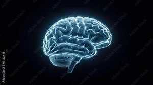 Glowing digital brain image on black background