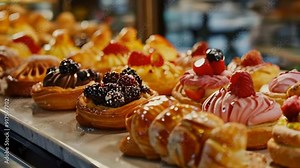 variety of pastries in bakery case with fruit toppings and glazes