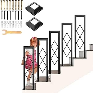 U-Shaped Stair Handrail, Black Wrought Iron Hand Rails Decorative Railing for Indoor Stairs, Porch Deck Loft Corridor Safety Non-Slip Support Poles, with Diamond Pattern (3.3FT/100CM)
